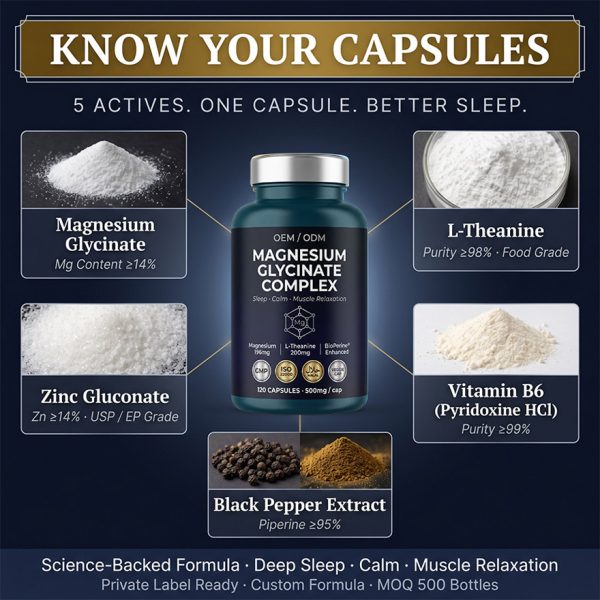Custom Magnesium Glycinate Complex with L-Theanine | OEM/ODM Sleep Support Supplements | High Absorption Active Peptides | Private Label & Low MOQ 500 Units