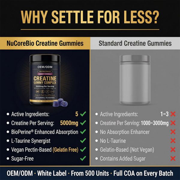 Premium Creatine Gummies OEM/ODM: 5000mg High-Potency Complex with BioPerine & Taurine, Vegan Sugar-Free Private Label Supplement Manufacturing - Low MOQ 500 Units, Rapid Global Fulfillment