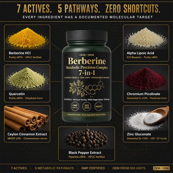 Custom Berberine HCl Supplement 7-in-1 Complex | OEM/ODM Metabolic Support | High Purity Active Peptides | Private Label Low MOQ 500 & Rapid 20-Day Lead Time