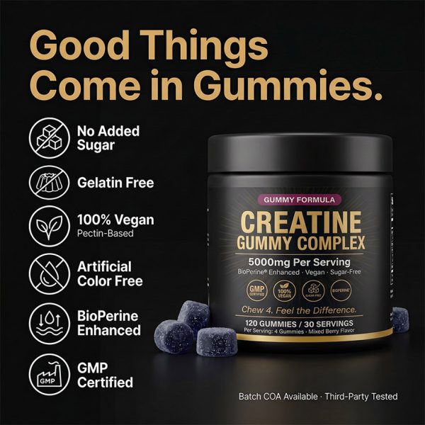 Premium Creatine Gummies OEM/ODM: 5000mg High-Potency Complex with BioPerine & Taurine, Vegan Sugar-Free Private Label Supplement Manufacturing - Low MOQ 500 Units, Rapid Global Fulfillment