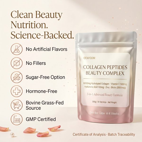 Bulk Hydrolyzed Collagen Peptides Powder with Biotin & Vitamin C, 8000mg High Potency 5-in-1 Beauty Formula for Skin Hair Nails, Private Label Supplement OEM/ODM Manufacturing, Low MOQ 500 Bags, GMP Certified Pure Protein Source, nucorebio Professional Supply.