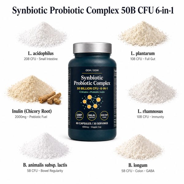 OEM/ODM Synbiotic Probiotic Supplement 50B CFU | Custom Peptide Formula Private Label | 6-in-1 Gut Health Bioactive Peptides Mfg
