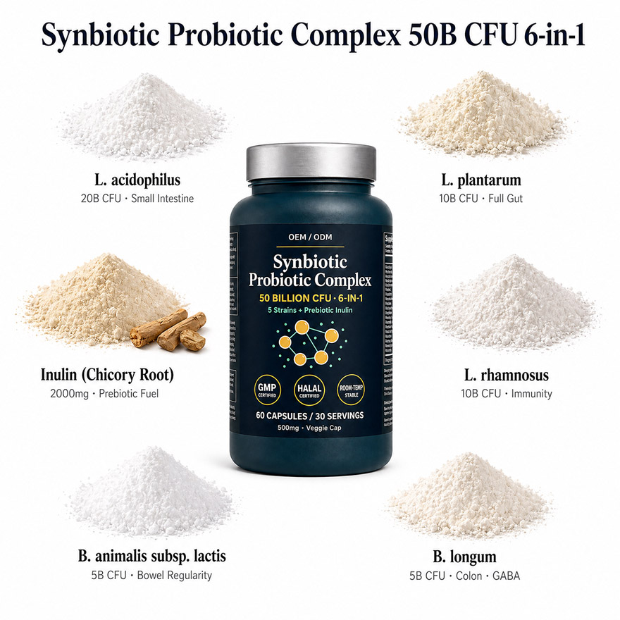 OEM/ODM Synbiotic Probiotic Supplement 50B CFU | Custom Peptide Formula Private Label | 6-in-1 Gut Health Bioactive Peptides Mfg - Image 2