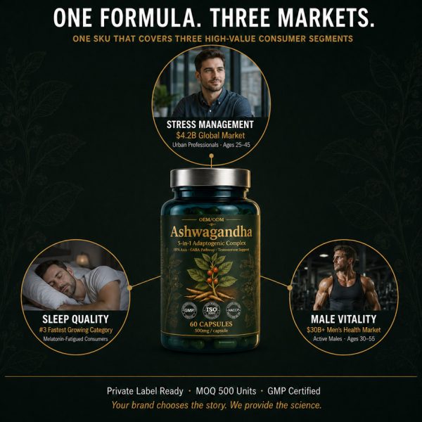 OEM/ODM Ashwagandha Extract Capsule | 5-in-1 Stress Relief Adaptogen | Private Label Male Vitality Supplement Mfg