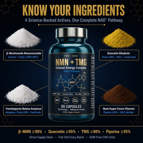 OEM NMN + TMG Cellular Energy Supplement | Custom Private Label NAD+ Booster Capsules | Anti-Aging Active Peptides Formula