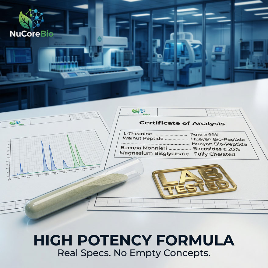 NuCoreBio Private Label Focus-Pro Calm: Premium Brain Health Supplement with Huayan Bio-Peptide & L-Theanine | High-Profit Nootropic ODM/OEM Solution, Low MOQ, GMP Certified Nootropic Capsules for Focus & Anxiety Relief - Image 3