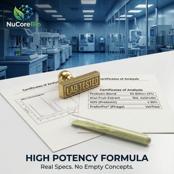 NuCoreBio Private Label Biotic-Cleanse Capsules | 50 Billion CFU Probiotic & PreforPro® Phage | B2B OEM/ODM Gut Health Supplement | Wholesale Digestive Enzymes & Kiwi Extract | Custom Formulation White Label Manufacturer