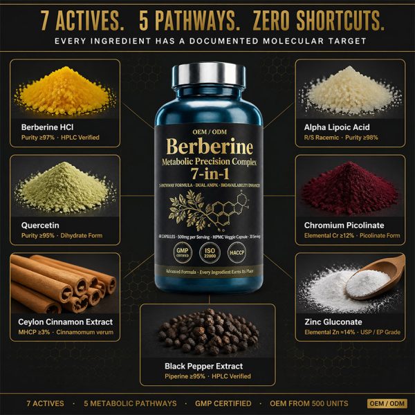 Custom Berberine HCl Supplement 7-in-1 Complex | OEM/ODM Metabolic Support | High Purity Active Peptides | Private Label Low MOQ 500 & Rapid 20-Day Lead Time