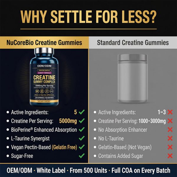 Premium Creatine Gummies OEM/ODM: 5000mg High-Potency Complex with BioPerine & Taurine, Vegan Sugar-Free Private Label Supplement Manufacturing - Low MOQ 500 Units, Rapid Global Fulfillment