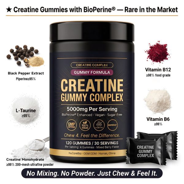 Premium Creatine Gummies OEM/ODM: 5000mg High-Potency Complex with BioPerine & Taurine, Vegan Sugar-Free Private Label Supplement Manufacturing - Low MOQ 500 Units, Rapid Global Fulfillment,Creatine Gummy Complex Individually Packaged