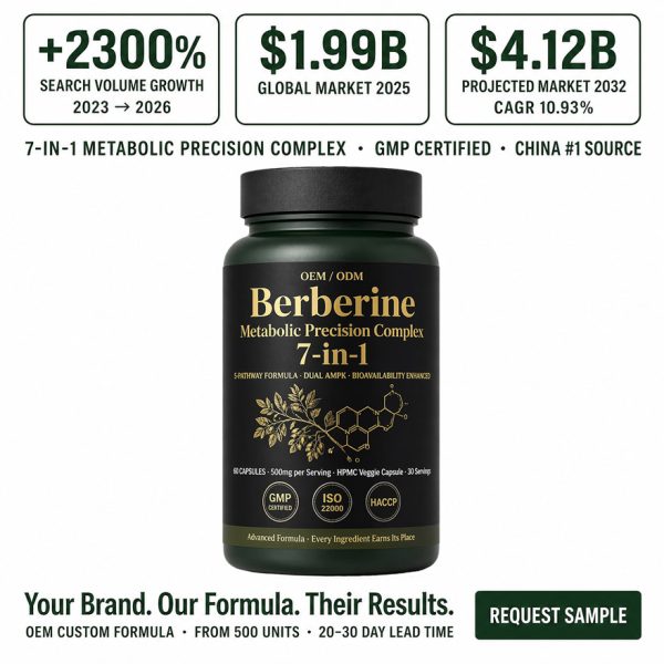 Custom Berberine HCl Supplement 7-in-1 Complex Green Edition | OEM/ODM Metabolic Support | High Purity Active Peptides | Private Label Low MOQ 500 & Rapid 20-Day Lead Time