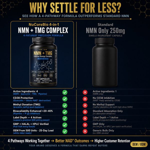 OEM NMN + TMG Cellular Energy Supplement | Black Edition | Custom Private Label NAD+ Booster Capsules | Anti-Aging Active Peptides Formula