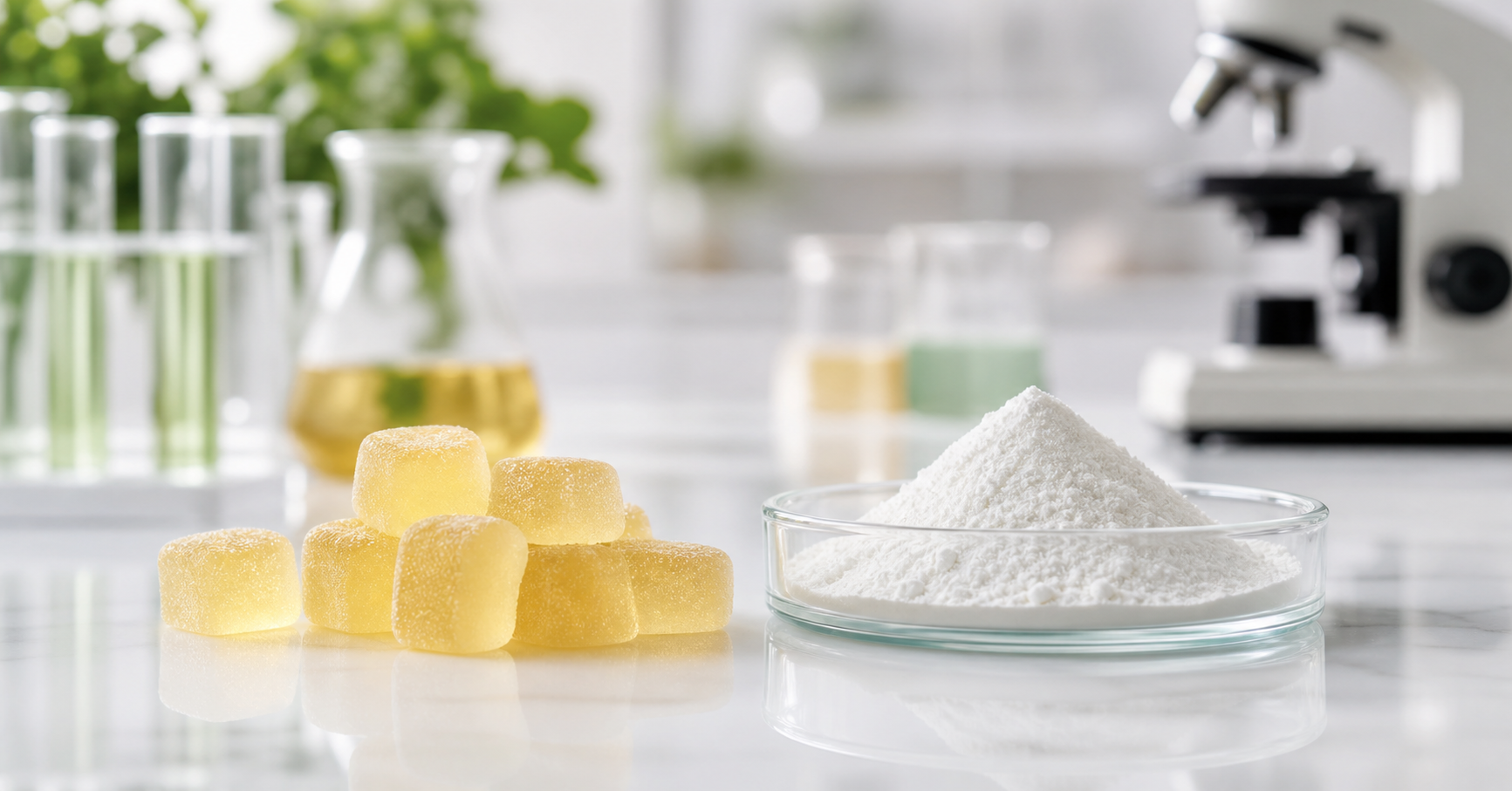Yellow magnesium gummies and magnesium ingredient powder in a formulation laboratory