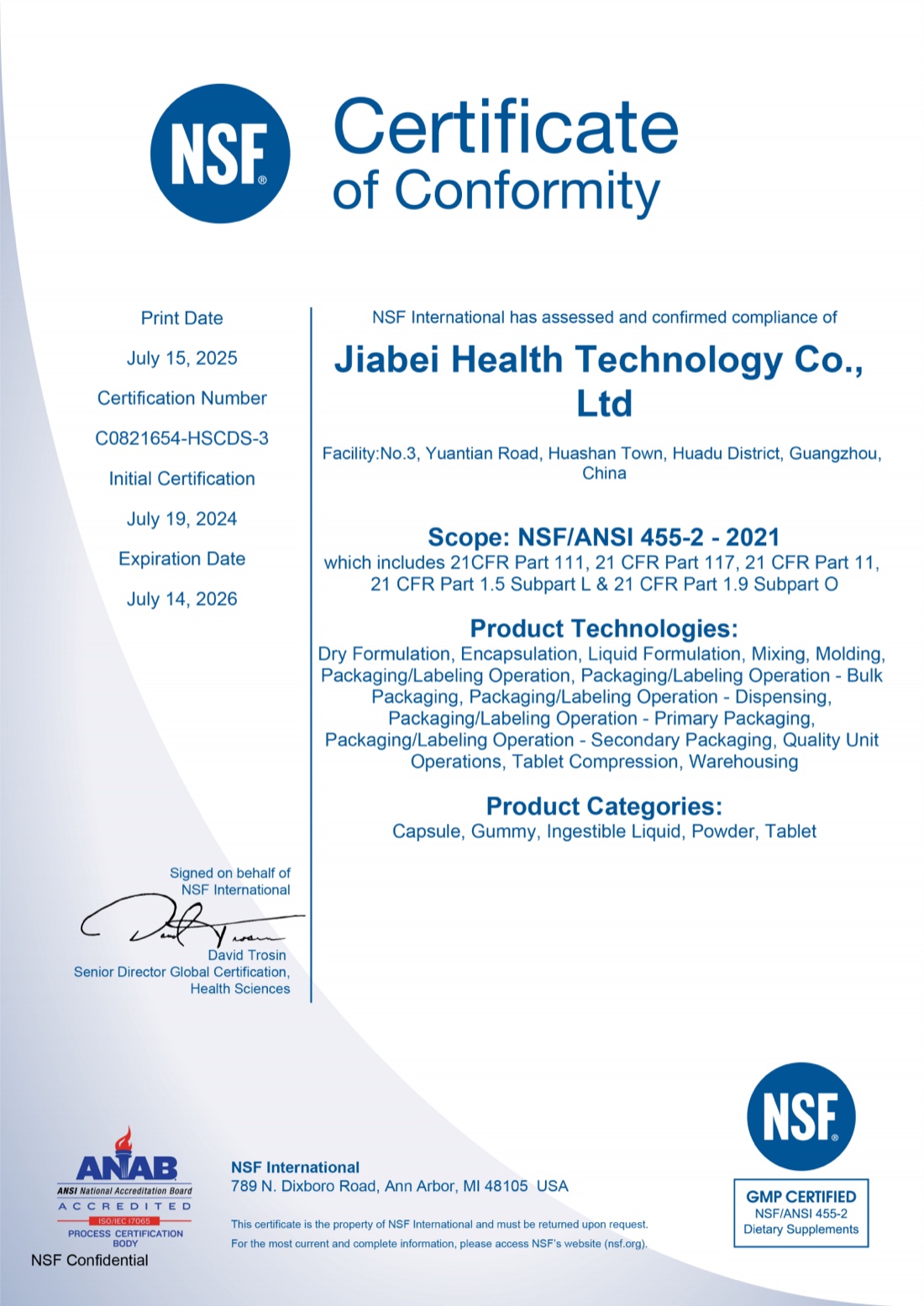 GMP certification document for supplement factory review