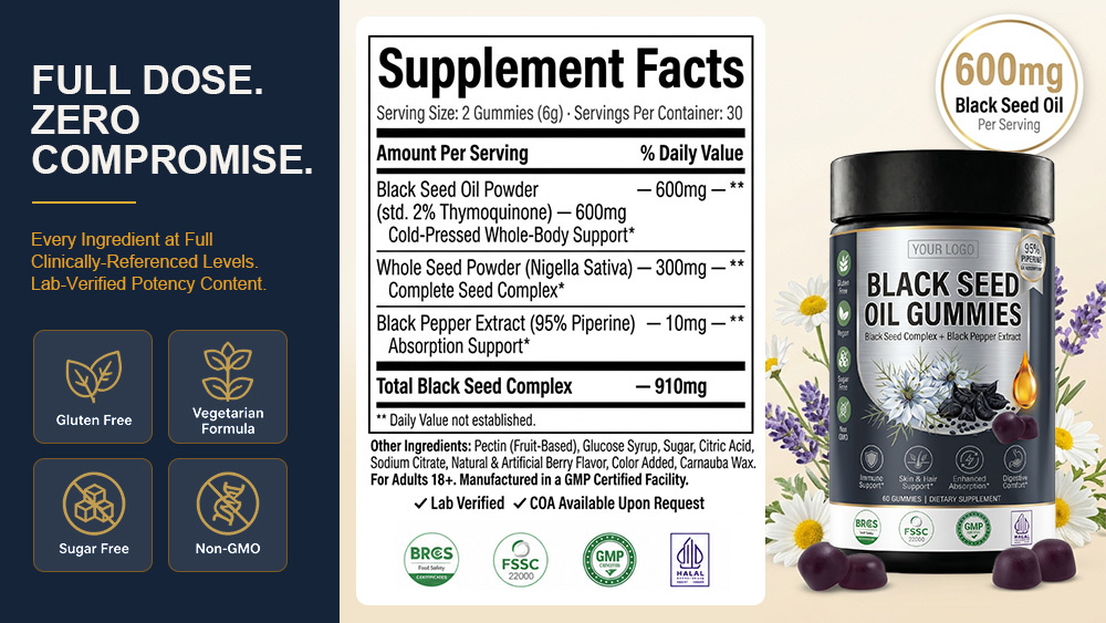 Bulk Black Seed Oil Gummies Private Label | Custom Gummy Supplement OEM Manufacturer formula or label detail image