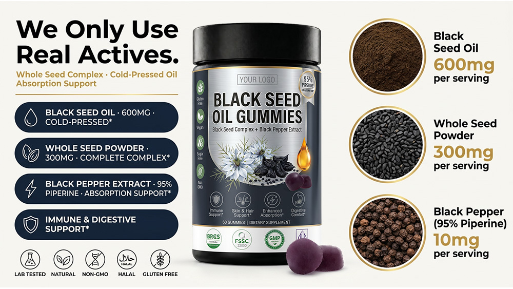Bulk Black Seed Oil Gummies Private Label | Custom Gummy Supplement OEM Manufacturer supplement facts or detail image