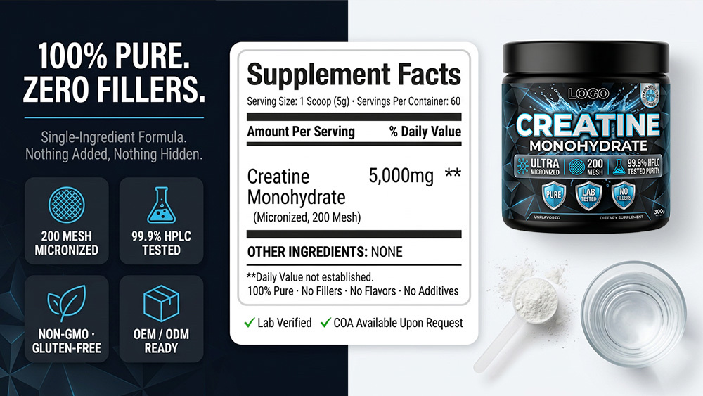 Bulk Creatine Monohydrate Powder Private Label | Black Jar Sports Nutrition OEM Manufacturer formula and label detail image