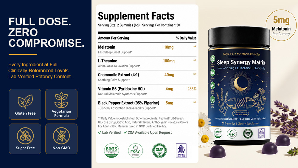 Bulk Melatonin Gummies Private Label Manufacturer | Black Bottle Sleep Support Gummy OEM formula and label detail image