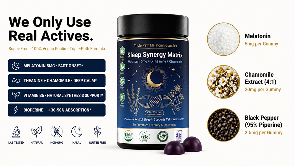 Bulk Melatonin Gummies Private Label Manufacturer | Black Bottle Sleep Support Gummy OEM supplement facts or product detail image
