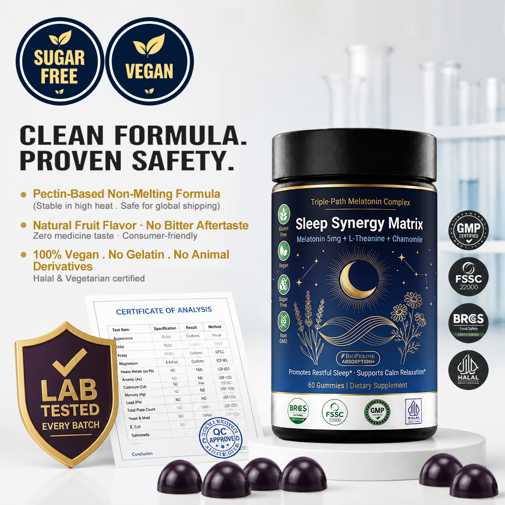 Bulk Melatonin Gummies Private Label Manufacturer | Black Bottle Sleep Support Gummy OEM packaging checklist detail image