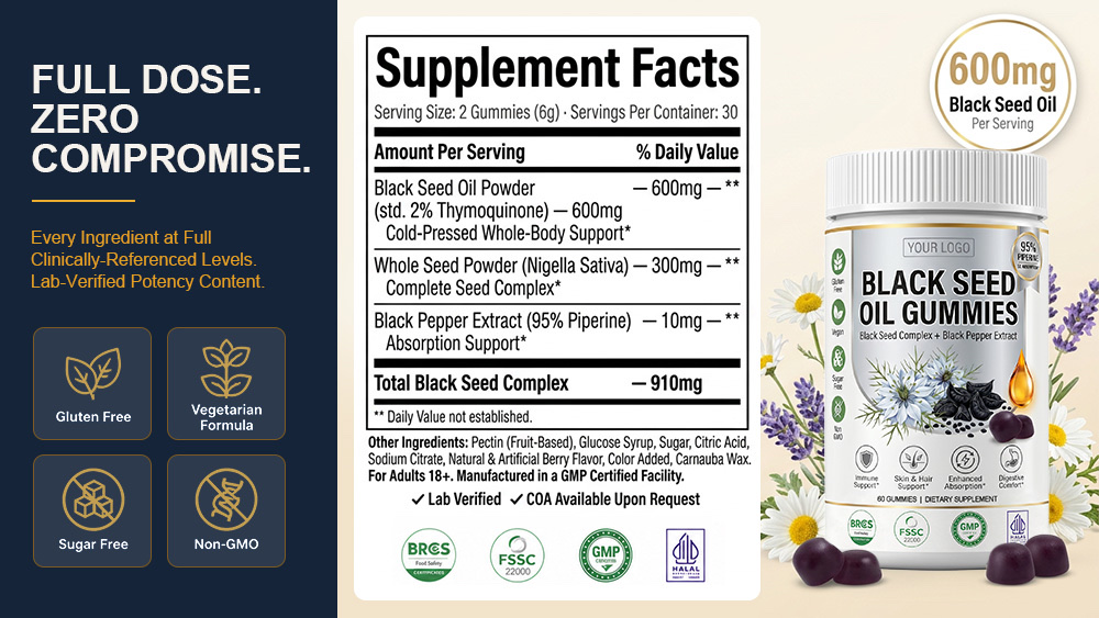 Private Label Black Seed Oil Gummies Manufacturer | Custom Formula White Bottle OEM/ODM formula or label detail image
