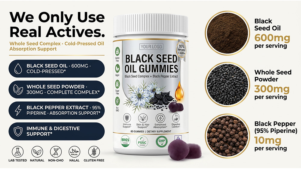 Private Label Black Seed Oil Gummies Manufacturer | Custom Formula White Bottle OEM/ODM supplement facts or detail image