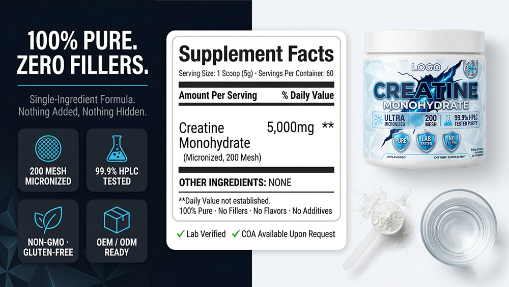 Private Label Creatine Monohydrate Powder Manufacturer | White Jar Custom Sports Nutrition OEM/ODM formula and label detail image