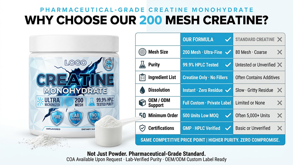 Private Label Creatine Monohydrate Powder Manufacturer | White Jar Custom Sports Nutrition OEM/ODM supplement facts or product detail image