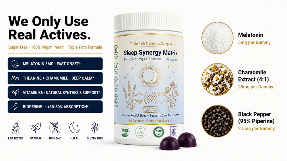 Private Label Melatonin Gummies Manufacturer | White Bottle Custom Formula Sleep Gummy OEM/ODM supplement facts or product detail image