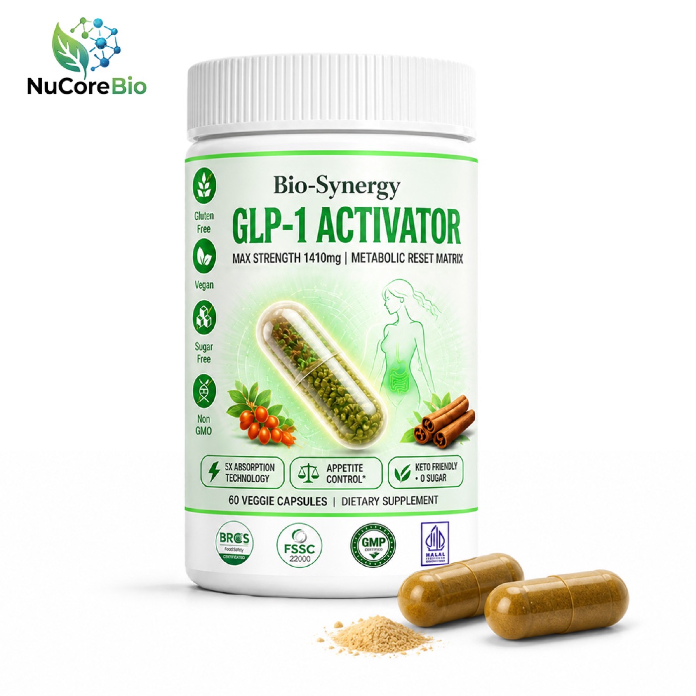 Private-label vegetable capsule product example with powder-filled capsules