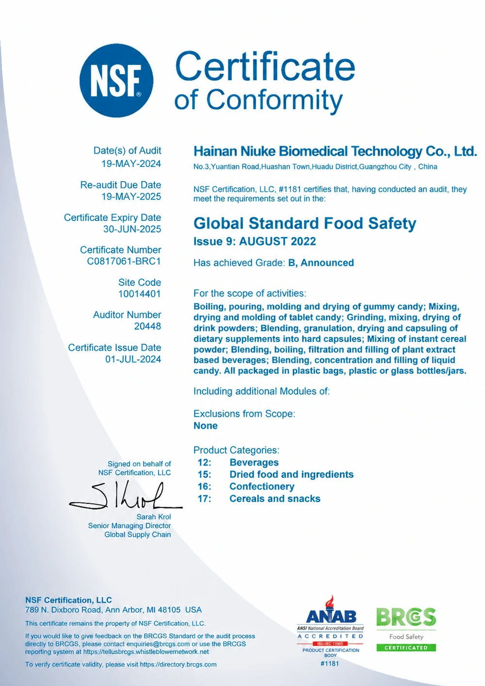 BRCGS food safety certificate for NuCoreBio supplement manufacturing facility