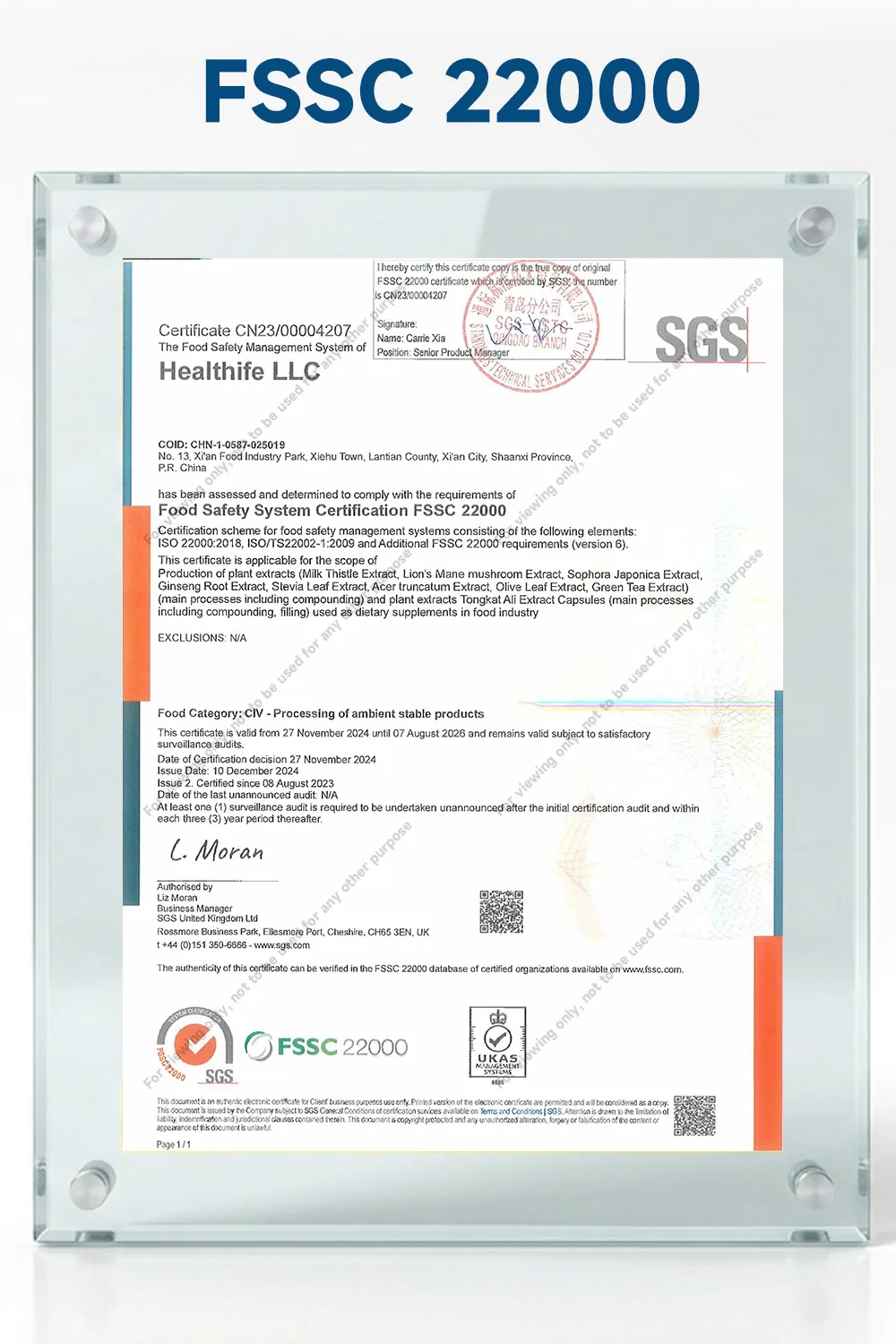 FSSC 22000 certificate document