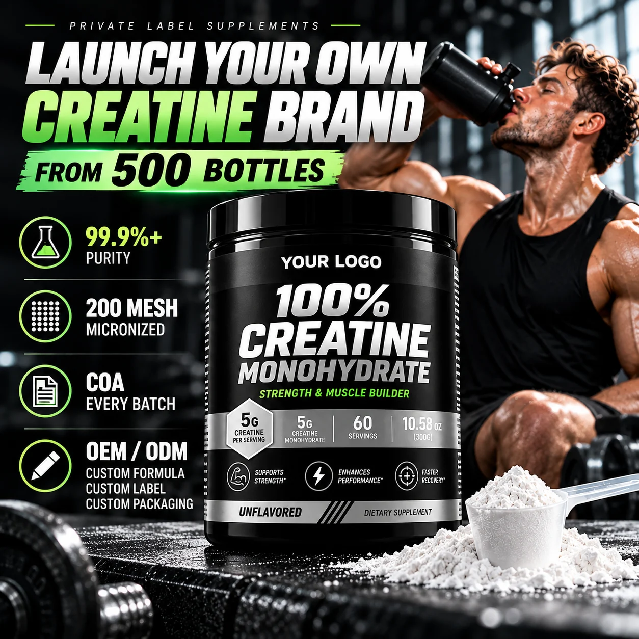 Private label creatine brand poster for trainers, gyms and fitness coaches