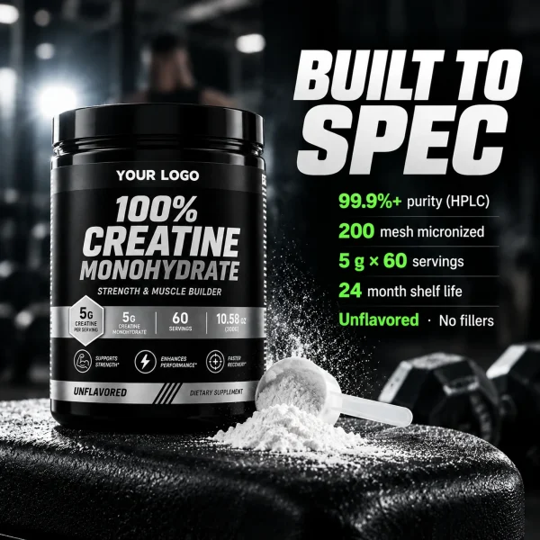 Creatine monohydrate 300g specifications: 99.9% purity, 200 mesh, 5g serving, 60 servings