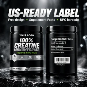 Front and back label of 300g creatine jar with US Supplement Facts panel and UPC