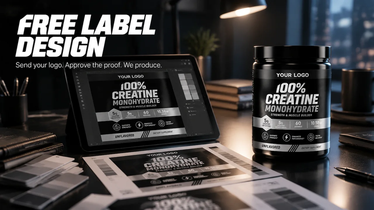 Free label design for a private label creatine brand: label proof and finished jar