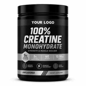 Private label creatine monohydrate powder in a 300g black jar with your logo