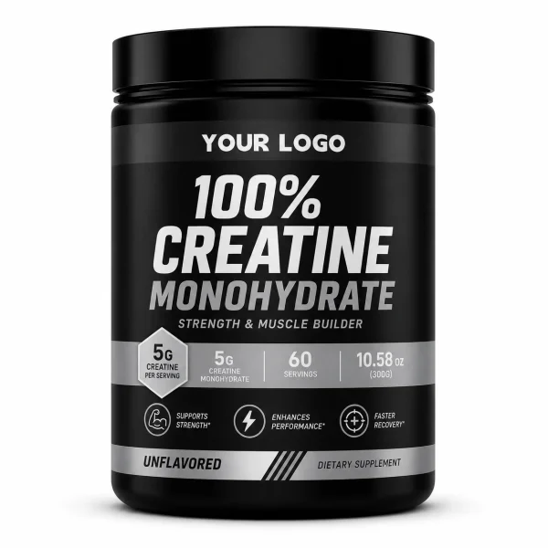 Private label creatine monohydrate powder in a 300g black jar with your logo