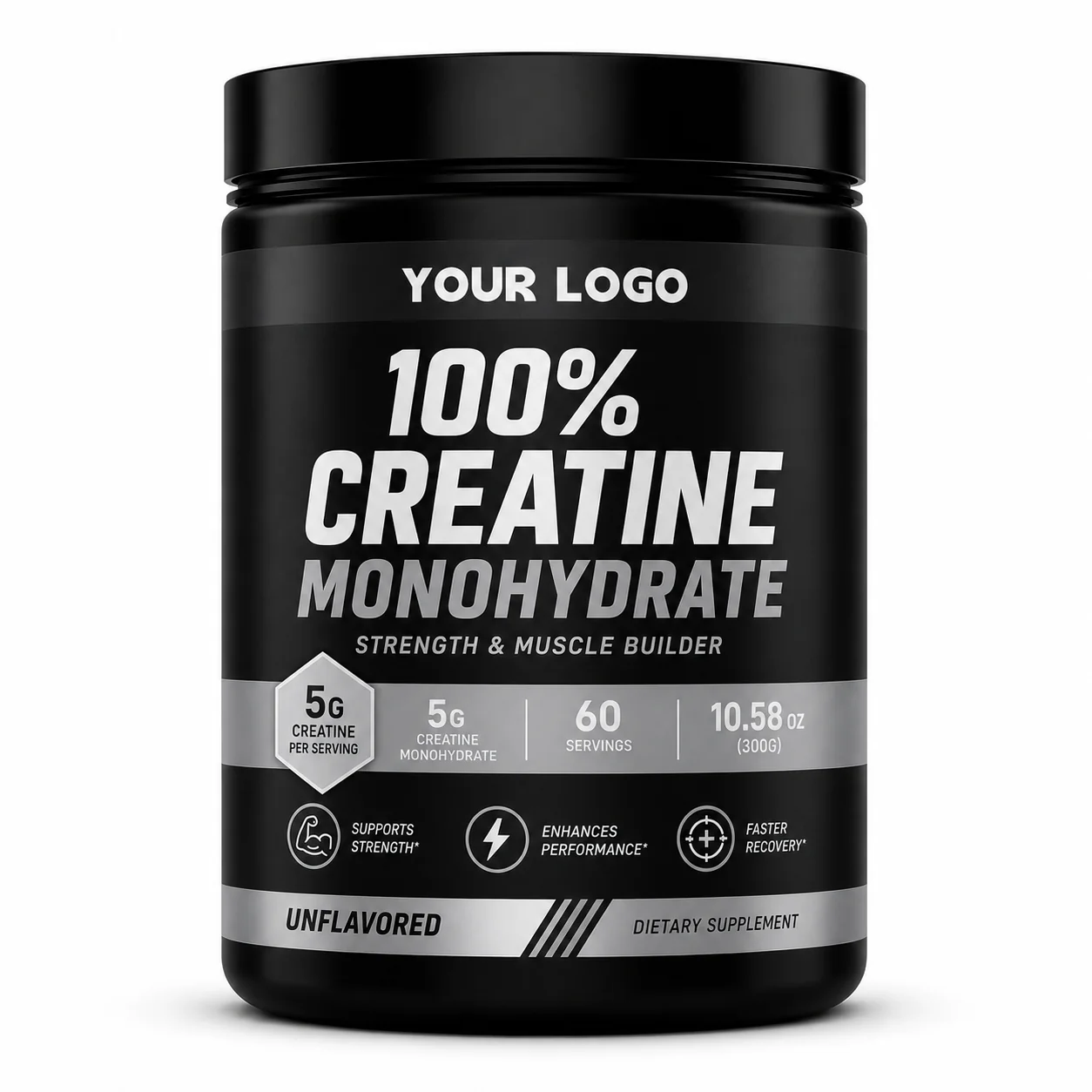 Private label creatine monohydrate powder in a 300g black jar with your logo