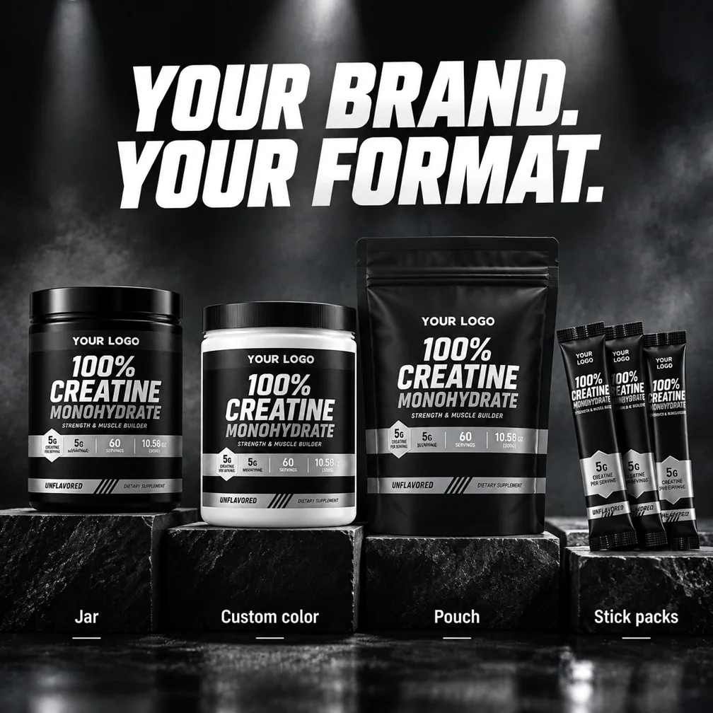 Private label creatine formats: jar, custom jar color, stand-up pouch and stick packs