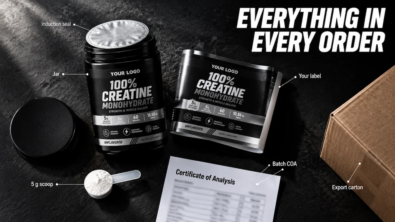 What's included in a private label creatine order: jar, induction seal, 5g scoop, label, COA and export carton