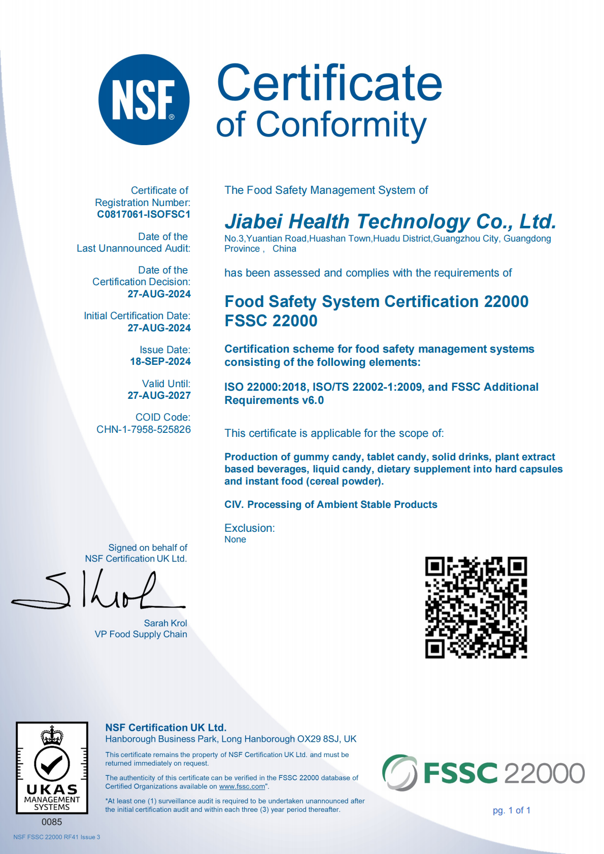FSSC 22000 certificate